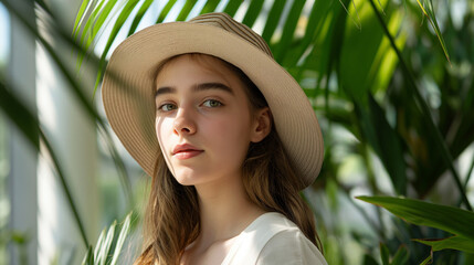 Fototapeta premium Elegant girl in a hat, natural materials, plants in the background