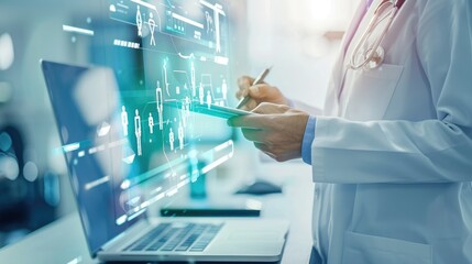 Doctor using digital tablet for patient healthcare data analysis and management, modern technology in medical practice
