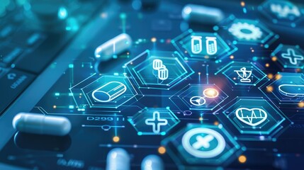 Futuristic healthcare technology interface showing medical icons and pills, representing modern healthcare innovations and digital medical advancements.