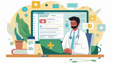 Fototapeta premium Illustration of a doctor working on a laptop, analyzing medical data, with various health icons and a large screen in the background.