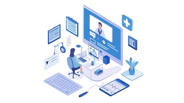 Illustration of a virtual healthcare consultation setup with a doctor on a screen and medical devices around.