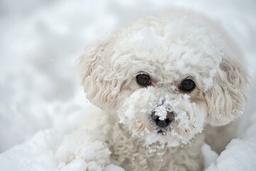 Small white dog with snow covered face is looking from a snowdrift