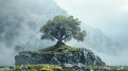 Lone tree on a small rocky hill surrounded by mist and birds in flight. Nature landscape with dramatic lighting