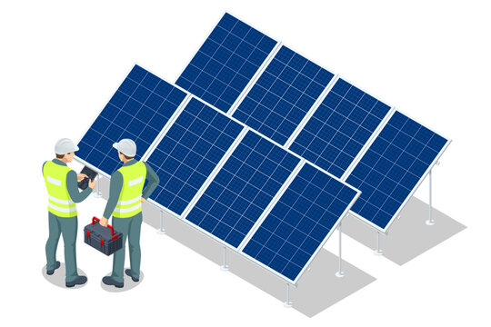 Isometric Solar energy, Photovoltaic panels, PV system, Photovoltaics, Solar modules, Solar field technician is examining the efficiency of a solar panel array.