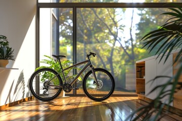Fototapeta premium Mountain bike is illuminated by the morning sun shining through the window of a modern home