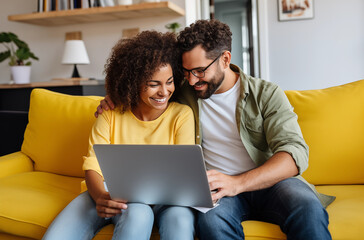 A happy couple smiling and using a laptop together while sitting on a yellow couch at home