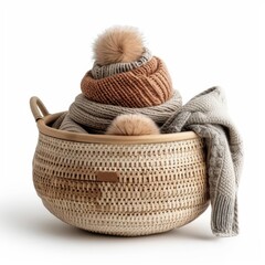 Obraz premium A beautiful still life of a wicker basket filled with cozy winter accessories