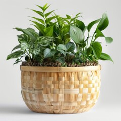 Fototapeta premium A lush indoor garden thrives in a woven bamboo planter, creating a vibrant and natural atmosphere.