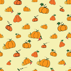 Vector hand drawn pumpkins seamless pattern. Design for fall, Thanksgiving, Halloween, harvest Template for design, paper, cover, fabric, interior decor, textile, wallpaper