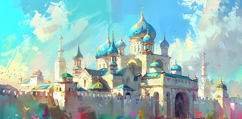 Digital Painting of a Blue and White Palace with Golden Domes and a Blue Sky