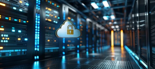 Fototapeta premium Golden lock symbol on white cloud in server room with blue lights for data security