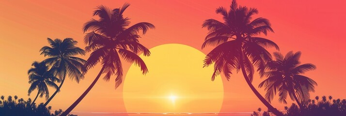 Obraz premium Vibrant sunset over a tropical beach with palm trees silhouetted against the bright sky. Generative AI