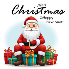 Merry Christmas and Happy New Year greeting with cute Santa Claus lettering vector. Christmas and happy new year greeting card lay out collection for holiday season background. Christmas card. 