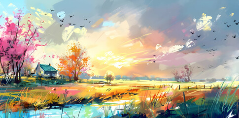 Painting of a Cottage in a Field with Birds Flying in the Sky Illustration