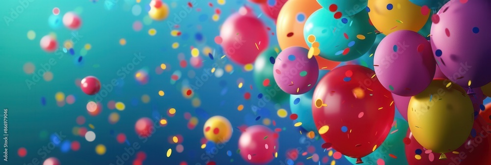 Poster a vibrant image of colorful balloons and confetti, perfect for celebrating special occasions and cre