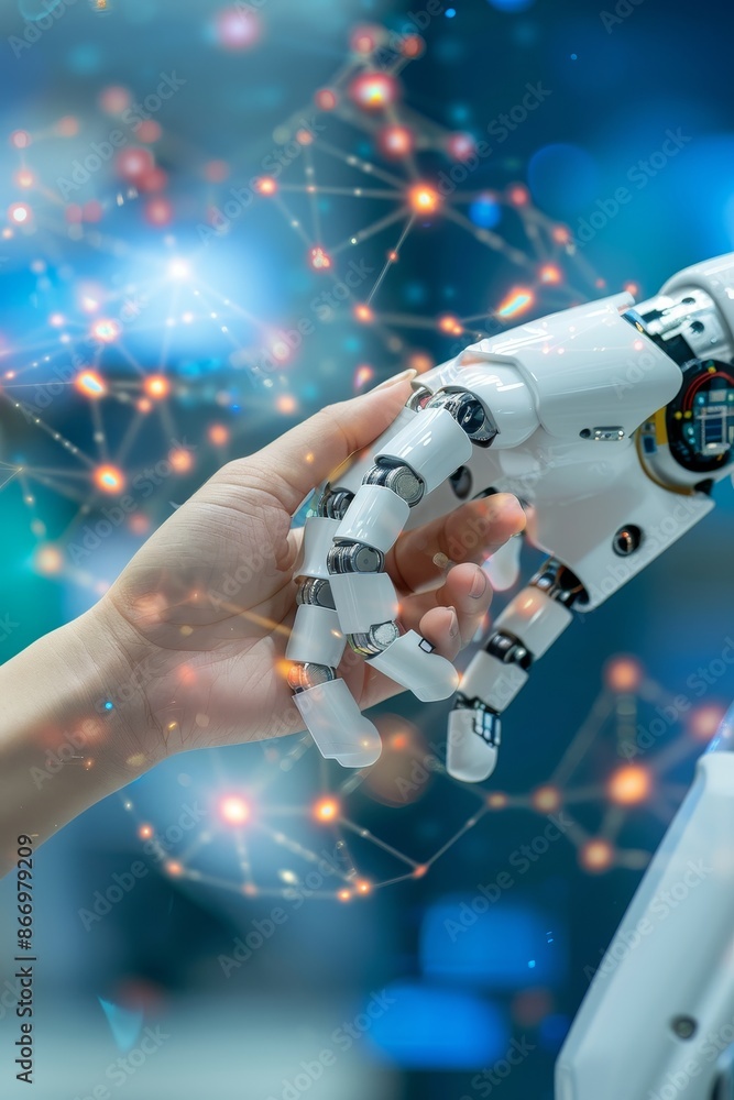 Poster human and robotic hands touching amidst swirling kaleidoscope of digital data connections and code