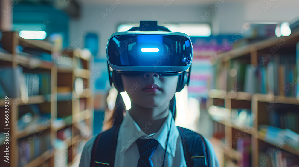 Poster school student with vr headset using ai artificial intelligence technology