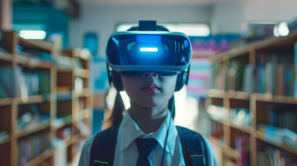 School student with VR headset using AI artificial intelligence technology 