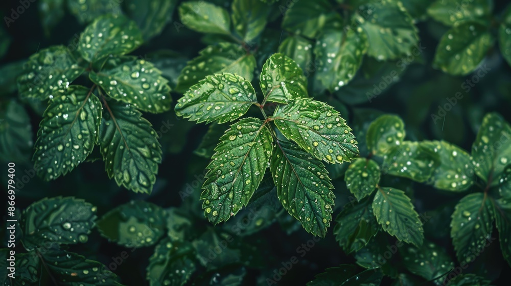 Poster close up of green leaves texture with raindrops with colorful vibrant color in a forest. photography