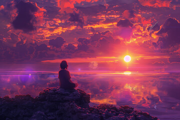 Obraz premium A woman sits on a rocky outcrop by the ocean, gazing at the setting sun's reflection on the water.