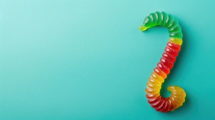 Colorful gummy worm candy on bright turquoise background