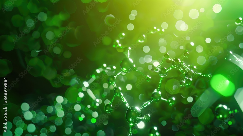 Poster green abstract background with molecular structure and blurry lights