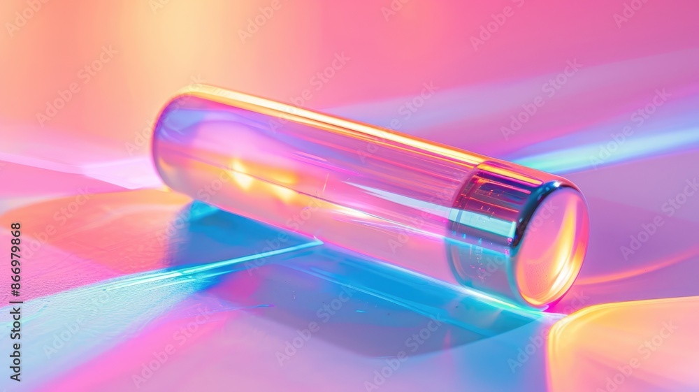 Poster colorful abstract image of transparent cylindrical object on reflective surface