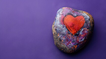 Painted rock with heart design on purple background