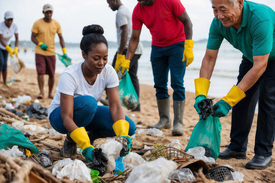 Young African woman and Asian man with group of eco volunteers, activist people with gloves collecting garbage doing cleanup at dirty beach, taking care of ocean pollution, environmental conservation - Powered by Adobe