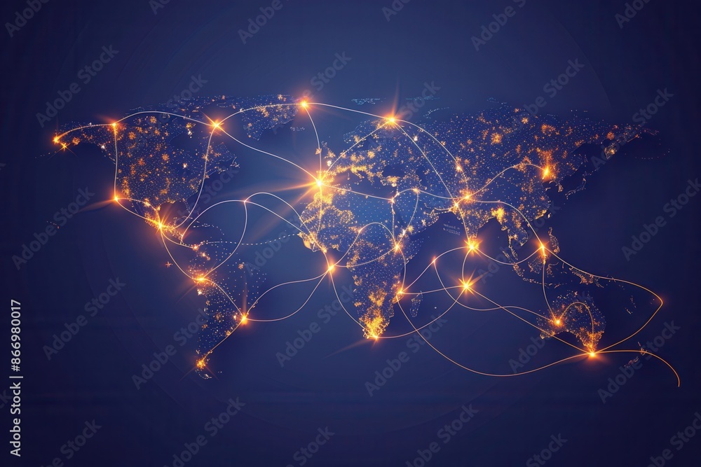 Aufkleber A simple and symbolic world map with glowing lines connecting cities across the globe, representing travel and exploration. Generative AI