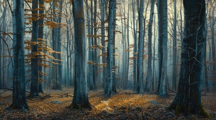 Fototapeta premium Forest of beech trees at morning s first light