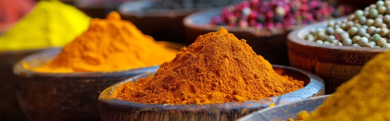 Colorful spices in wooden bowls