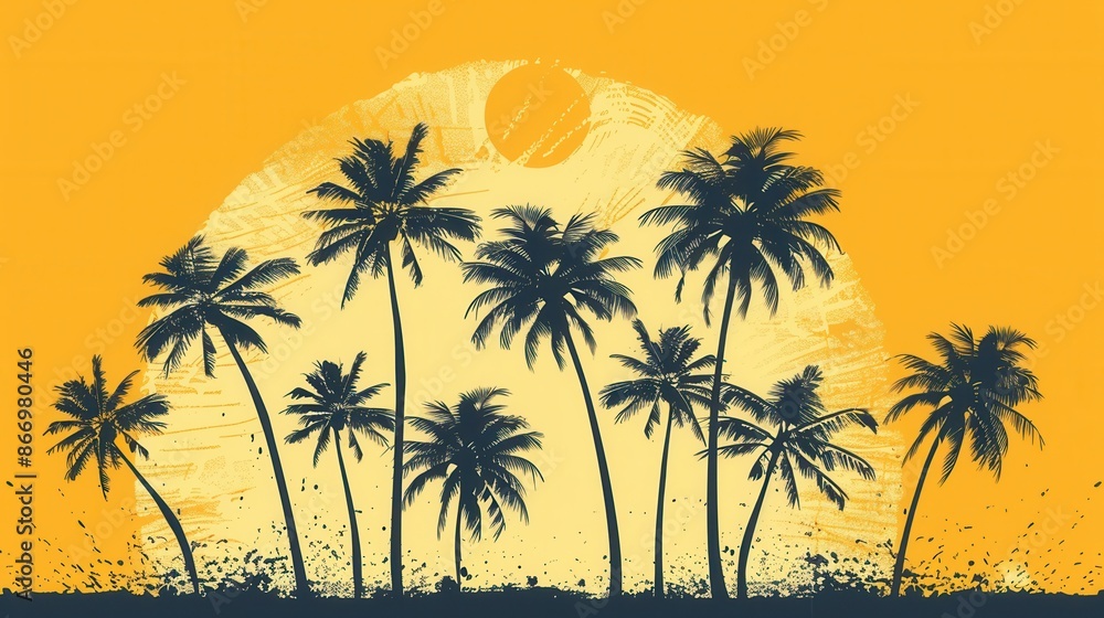 Poster a simple and vibrant image of palm tree silhouettes set against a sunset on a beach. generative ai