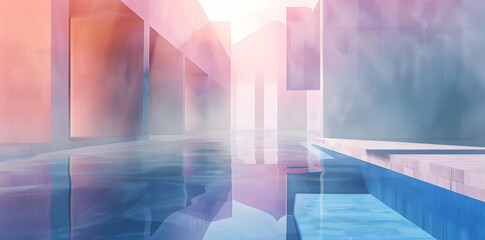 Abstract 3D Render of Concrete Structures and Pool Water in Pink and Blue Hues