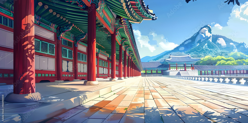 Wall mural Korean Traditional Architecture Illustration with Mountain Background