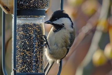 Fototapeta premium Coal tit is clinging to a bird feeder filled with sunflower seeds