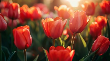 Red tulips blooming in a sunlit garden, close-up, vibrant spring nature scene