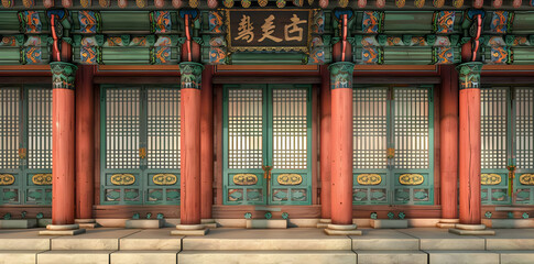 Korean Traditional Architecture 3D Render - Palace Entrance with Ornate Doors and Red Pillars