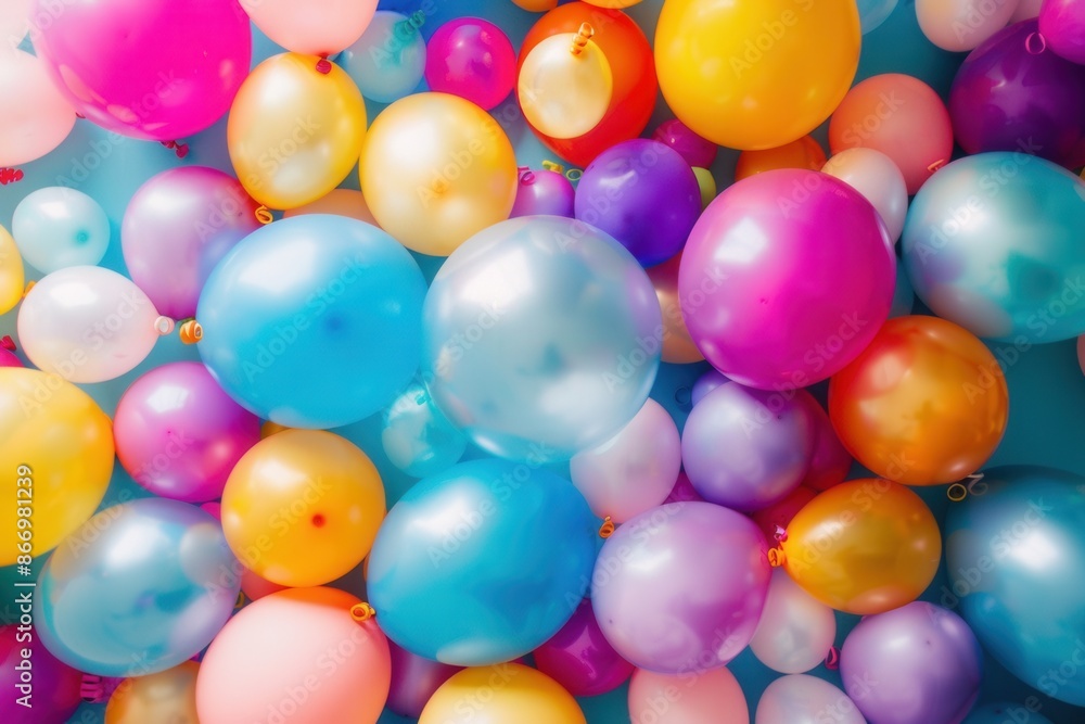 Poster A vibrant collection of colorful balloons in various shapes and sizes, creating a joyful atmosphere perfect for celebratory events. Generative AI