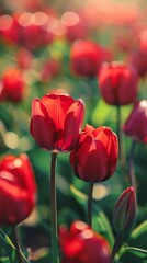 Fototapeta premium Red tulips in a sunny field, close-up view. Springtime nature and blooming flowers concept
