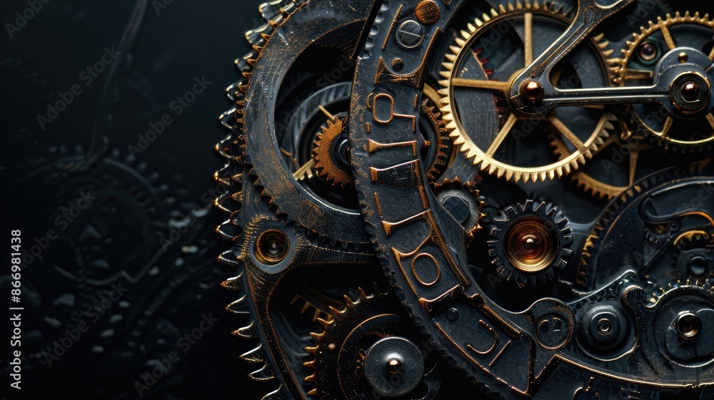 Poster intricate clockwork mechanism with gears, dials, and cogs in dark lighting