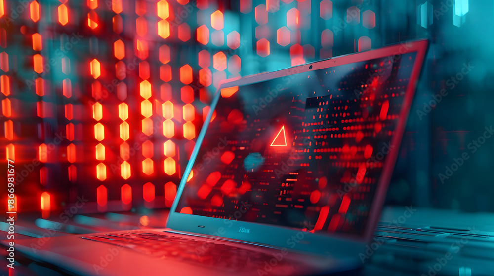 Poster system hacked warning alert on notebook (laptop). cyber attack on computer network, virus, spyware, 