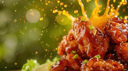 Crispy chicken wings with glossy, tangy sauce splash