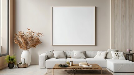 Modern Living Room Interior Design with White Sofa and Empty Picture Frame