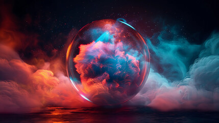 3D Spectacular cosmic cloud explosion within transparent sphere with black background. Nebula and stars in space concept with purple neon. Abstract wallpaper and creative design, AI Generative.
