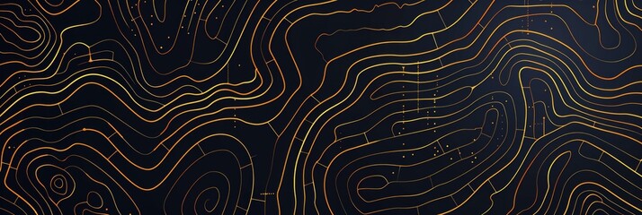Topographic line map pattern background vector illustration with dark black and gold colors, topographical lines.
