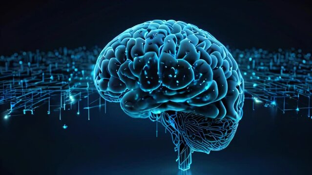 A glowing blue brain on a black background with a circuit board pattern in front of it.