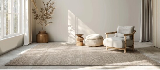 Chic pale beige rug positioned overhead, against a white background