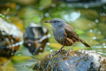 Fototapeta premium Small brown bird standing on a rock in a pond looking for food