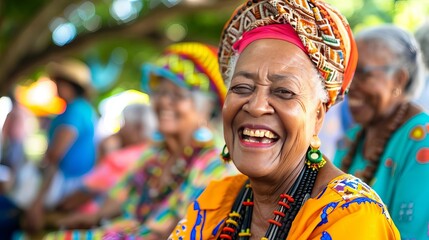 Smiling African American senior woman wearing colorful traditional clothes.